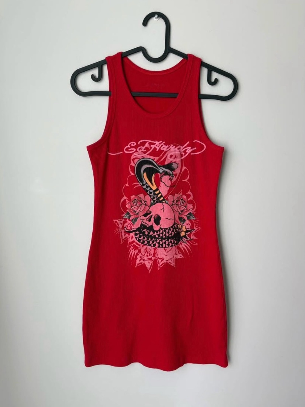 Ed Hardy Red Traditional Snake and Skull Graphic Tank Ribbed Mini Dress